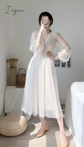 Ingvn - White Dress Elegant Fairy Chiffon Off Shoulder Maxi Long Sleeve Sexy Beach Dresses Women