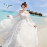 Ingvn - White Dress Elegant Fairy Chiffon Off Shoulder Maxi Long Sleeve Sexy Beach Dresses Women