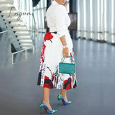 Ingvn - White Pleated Dresses For Women’s Elegant Printed High Waisted Long Sleeve Autumn Fall