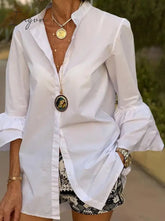 Ingvn - White Shirts Summer Women Solid Flare Sleeve Spring Blouse Sexy V Neck Button Up Office