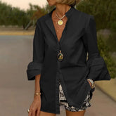 Ingvn - White Shirts Summer Women Solid Flare Sleeve Spring Blouse Sexy V Neck Button Up Office