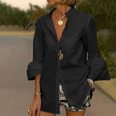 Ingvn - White Shirts Summer Women Solid Flare Sleeve Spring Blouse Sexy V Neck Button Up Office