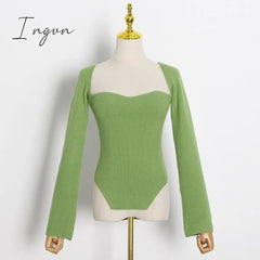 Ingvn - White Side Split Knitted Women’s Sweater Square Collar Long Sleeve Sweaters Female Autumn