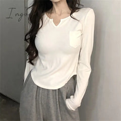 Ingvn - White T Shirt For Women 2023 New Long Sleeve Turn Down Collar Slim Tee Shirts Korean