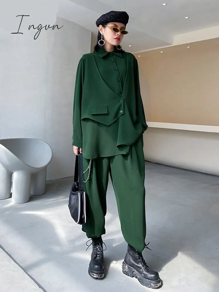 Ingvn - Wide Leg Pants Irregular Big Size Two Piece Suit New Lapel Long Sleeve Loose Fit Women