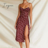 Ingvn - Wine Floral Dress Women Prairie Chic Spaghetti Straps Backless Chest Draped Lace Up Side