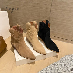 Ingvn - Winter Classic Chelsea Boots For Woman Cow Suede Pointy Toe Wedge Heel Ankle Simple