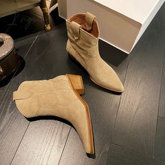 Ingvn - Winter Classic Chelsea Boots For Woman Cow Suede Pointy Toe Wedge Heel Ankle Simple