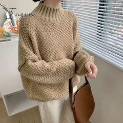 Ingvn - Winter Clothes Women Turtleneck Hollow Out Loose Solid Thick Knit Bottoming Pullovers Short