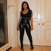 Ingvn - Winter Joggers Pu Leather Leggings Pants Pleated High Waist Streetwear Long Trouser Solid