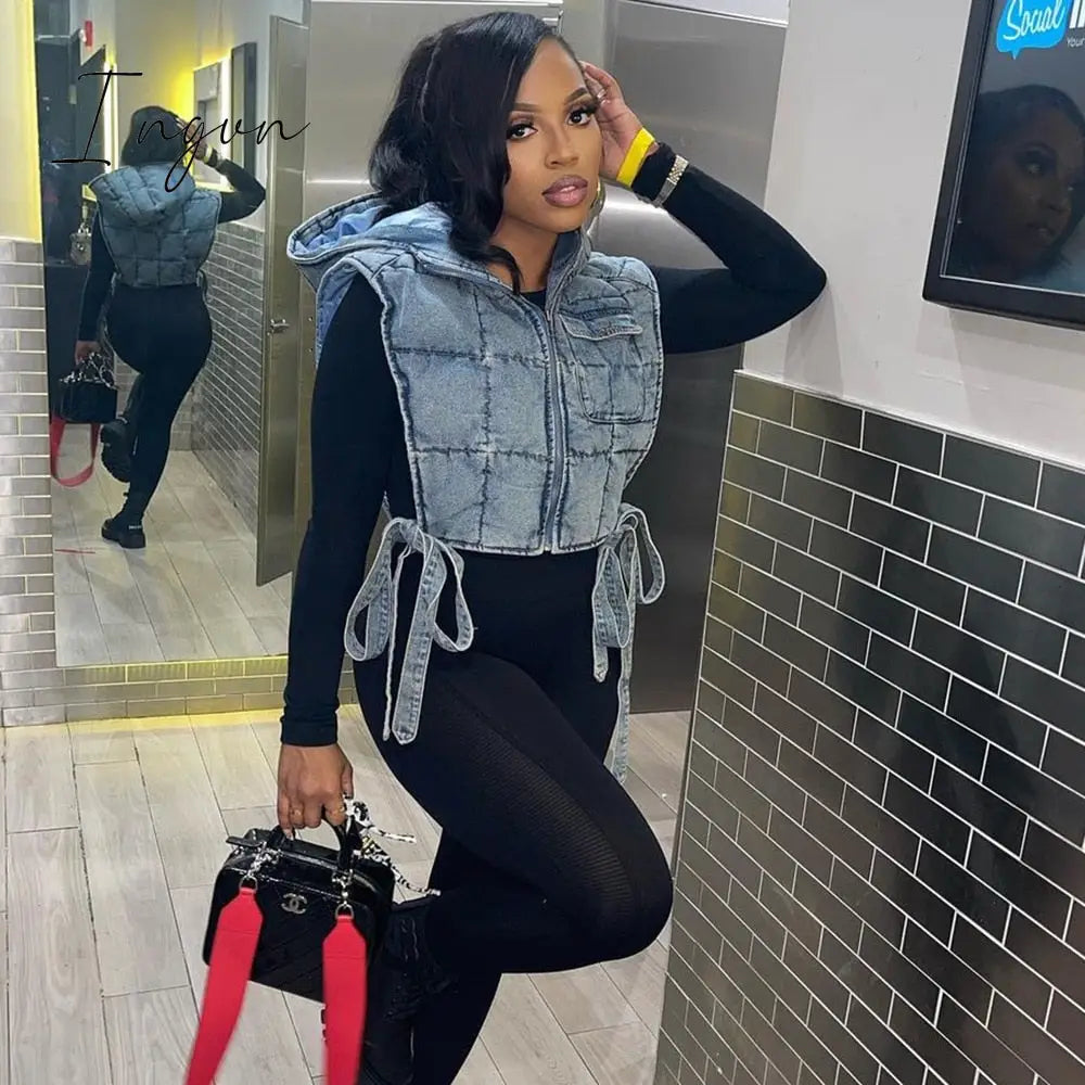 Ingvn - Winter Sleeveless Side Lace Up Vest Jacket Zipper Denim Hoodies Streetwear Women Clothing