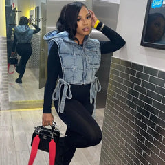 Ingvn - Winter Sleeveless Side Lace Up Vest Jacket Zipper Denim Hoodies Streetwear Women Clothing