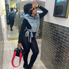 Ingvn - Winter Sleeveless Side Lace Up Vest Jacket Zipper Denim Hoodies Streetwear Women Clothing