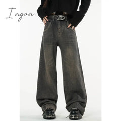 Ingvn - Winter Vintage Dark Blue High Waist Women Jeans American Fashion Streetwear Wide Leg Denim