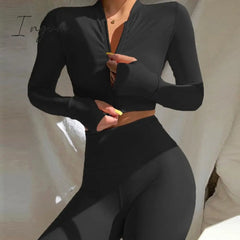 Ingvn - Winter Women 2 Two Piece Set Long Sleeve Crop Tops Tshirt Leggings Pants Bodycon Sport