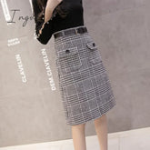 Ingvn - With Belt Autumn And Winter Houndstooth Skirt Women’s Split Long Woolen Tartan Woman