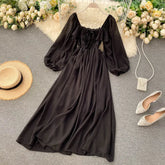 Ingvn - Woherb Chic Elegant Square Collar Maxi Dress Women Solid Chiffon Puff Sleeve Dresses Korean