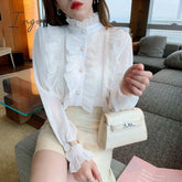 Ingvn - Woman Chic Long Sleeve Stand Collar Blouses Women Casual Loose White Tops Korean Lace