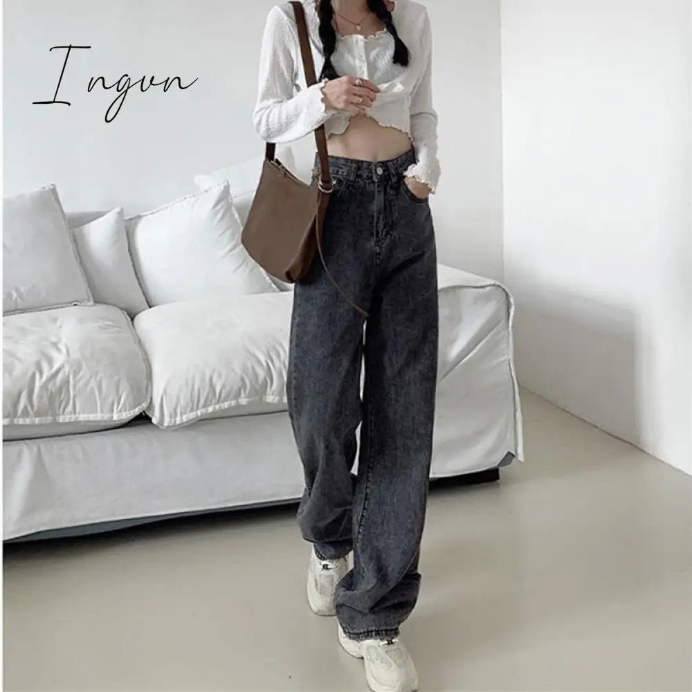 Ingvn - Woman Jeans High Waist Clothes Wide Leg Denim Clothing Blue Streetwear Vintage Quality