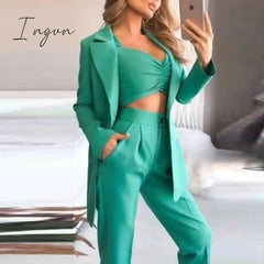 Ingvn - Woman Vintage Black Slim Fit Blazer 3 Pcs Suit Autumn Elegant Female Solid Matching Sets V