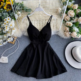 Ingvn - Women A - Line Sexy Dress V - Neck Spaghetti Strap Backless Mini Dresses Soild Color
