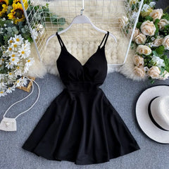 Ingvn - Women A - Line Sexy Dress V - Neck Spaghetti Strap Backless Mini Dresses Soild Color