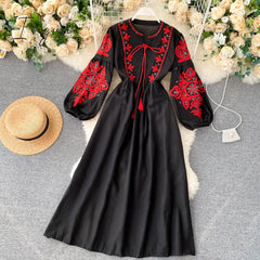 Ingvn - Women Autumn Dresses Bohemian Embroidered Flower O - Neck Lantern Sleeve High Waist Pleated