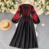 Ingvn - Women Autumn Dresses Bohemian Embroidered Flower O - Neck Lantern Sleeve High Waist Pleated