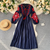 Ingvn - Women Autumn Dresses Bohemian Embroidered Flower O - Neck Lantern Sleeve High Waist Pleated