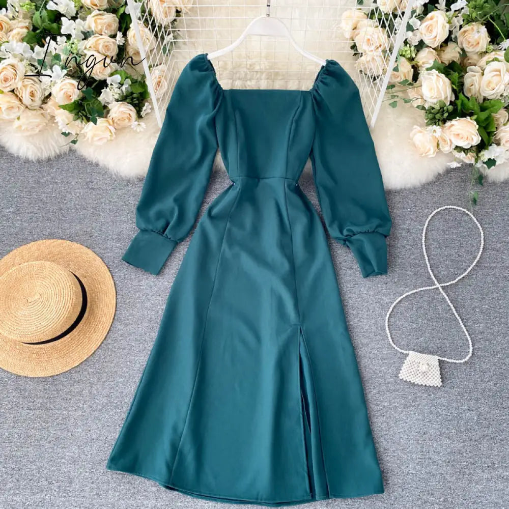 Ingvn - Women Autumn New Split Dress French Retro Square Collar Waist Hugging Slim Puff Sleeve