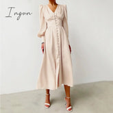 Ingvn - Women Autumn Puff Sleeve Elegant Dress Long V Neck Slim Waist Korean Fashion Vintage