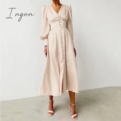 Ingvn - Women Autumn Puff Sleeve Elegant Dress Long V Neck Slim Waist Korean Fashion Vintage