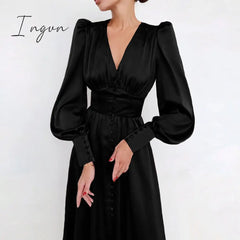 Ingvn - Women Autumn Puff Sleeve Elegant Dress Long V Neck Slim Waist Korean Fashion Vintage