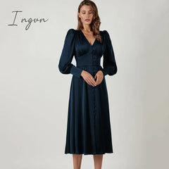 Ingvn - Women Autumn Puff Sleeve Elegant Dress Long V Neck Slim Waist Korean Fashion Vintage