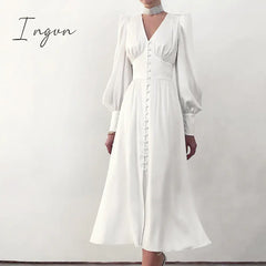 Ingvn - Women Autumn Puff Sleeve Elegant Dress Long V Neck Slim Waist Korean Fashion Vintage