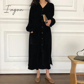 Ingvn - Women Autumn Winter Vintage Long Dress Elegant Full Sleeve Single Breasted Tunic Casual