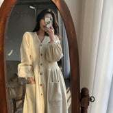 Ingvn - Women Autumn Winter Vintage Long Dress Elegant Full Sleeve Single Breasted Tunic Casual