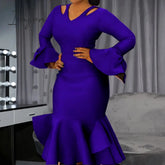 Ingvn - Women Bodycon Party Dress Long Flare Sleeves Cold Shoulder Ruffles Bowtie Elegant Slim