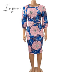 Ingvn - Women Bodycon Printed Dress Three Quarter Sleeves Midi Office Ladies Work Wear Elegant