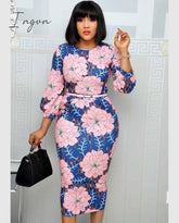 Ingvn - Women Bodycon Printed Dress Three Quarter Sleeves Midi Office Ladies Work Wear Elegant