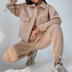 Ingvn - Women Casual Two Piece Sets Autumn Winter Fashion Female Warm Suits Turn-Down Collar Jacket