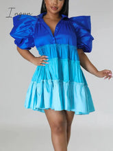 Ingvn - Women Causal Oversized Short Dress Ruched Puff Sleeve Button Down Color Block Loose Shirt