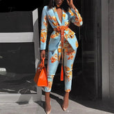 Ingvn - Women Chic Elegant All Over Print Long Sleeve Sashes Ankle - Length Pants Spring Working