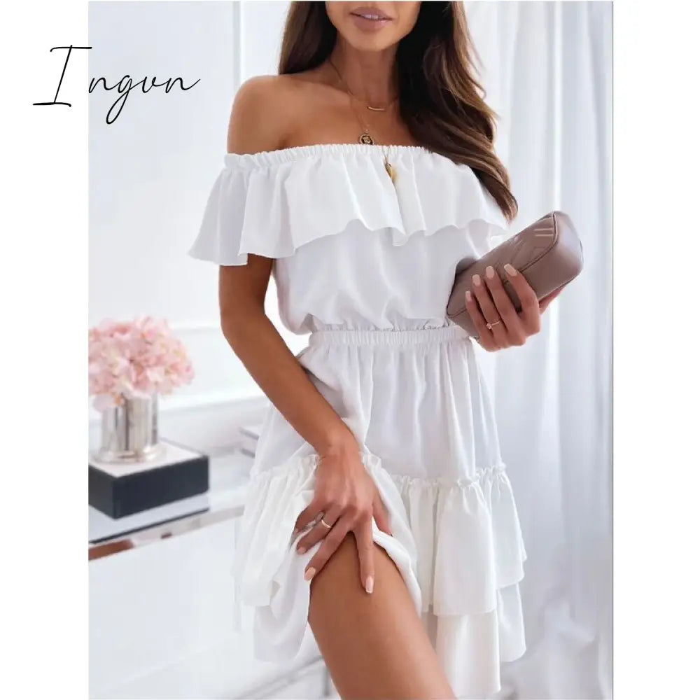 Ingvn - Women Clothes Slash Neck Cascading Ruffle Shirring Dresses Solid Color Midi Sweet Princess