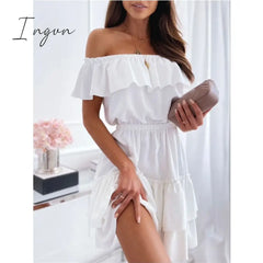 Ingvn - Women Clothes Slash Neck Cascading Ruffle Shirring Dresses Solid Color Midi Sweet Princess