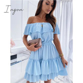 Ingvn - Women Clothes Slash Neck Cascading Ruffle Shirring Dresses Solid Color Midi Sweet Princess