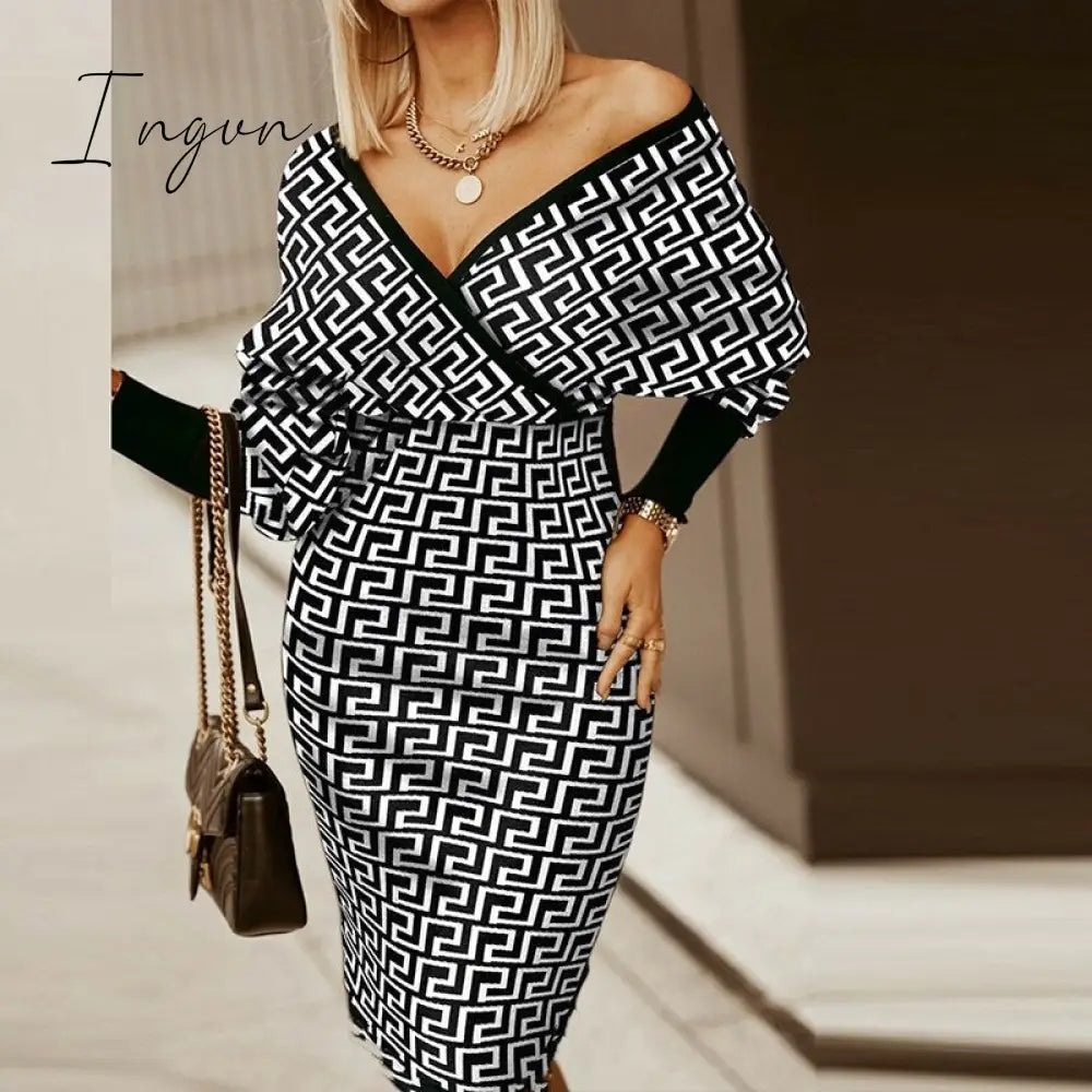 Ingvn - Women Deep V - Neck Striped Plaid Party Dress Long Sleeve Spring Autumn Casual Ladies Hip
