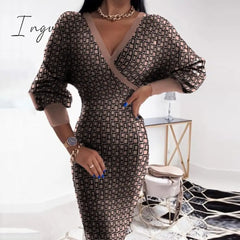 Ingvn - Women Deep V - Neck Striped Plaid Party Dress Long Sleeve Spring Autumn Casual Ladies Hip