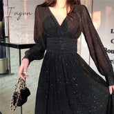 Ingvn - Women Dress Autumn V - Neck Long Sleeve Shiny Midi A - Line Evening Night Party Elegant Red