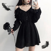 Ingvn - Women Dress Demon Girl Original Black Spring And Autumn Sexy High Waist Femme Shoulder Long
